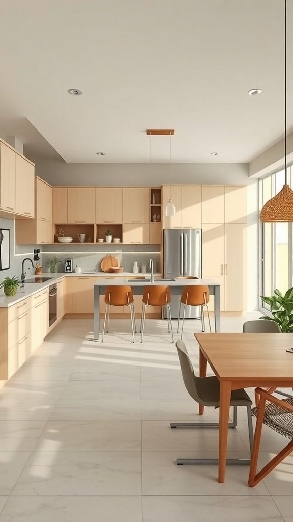 A modern beige kitchen with light wood cabinets and an open concept design, featuring a kitchen island with bar stools and large windows.