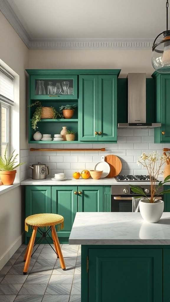 A stylish kitchen featuring green cabinets, light countertops, and warm wood accents.