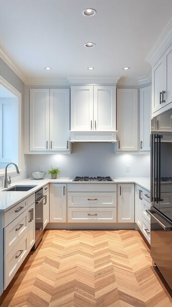 A high-end kitchen featuring white cabinets, a light countertop, and herringbone patterned flooring.