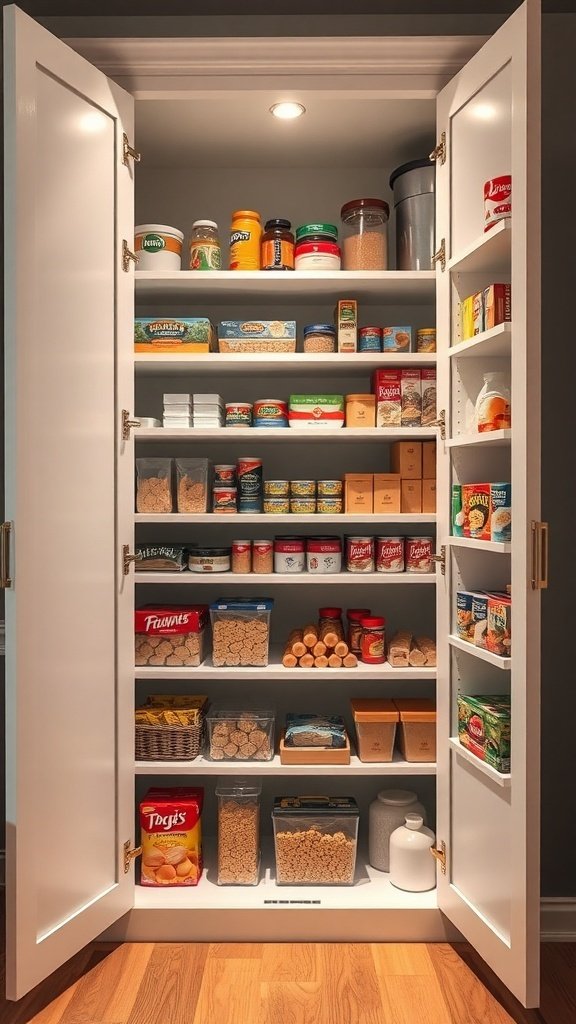 A well-organized pantry cabinet with various food items neatly arranged on shelves.