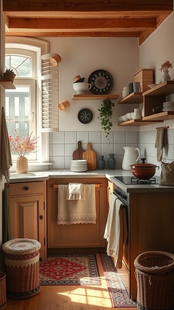 A cozy small kitchen featuring wooden cabinets, hanging towels, a patterned rug, and natural light from the window.