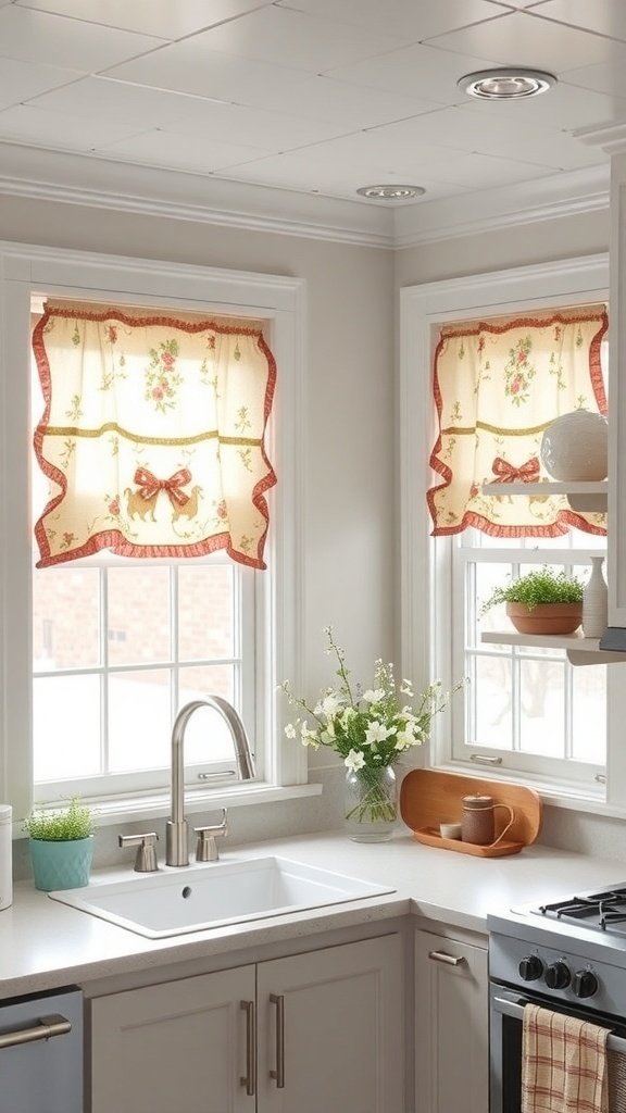 Charming floral curtains in a bright kitchen with plants on the windowsill.