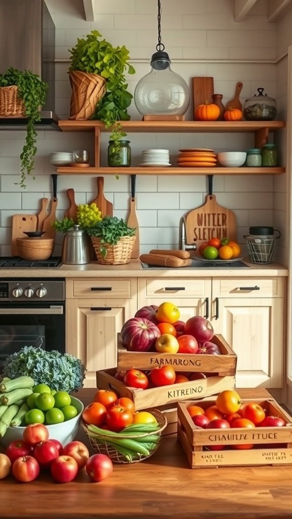 A cozy kitchen with fresh fruits and vegetables in wooden crates, open shelves with jars and plates, and greenery hanging above.