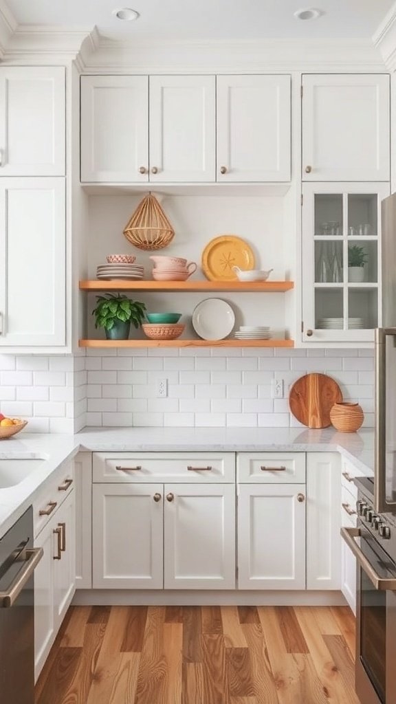 A kitchen featuring white cabinets and open wooden shelving displaying colorful dishes and a potted plant.