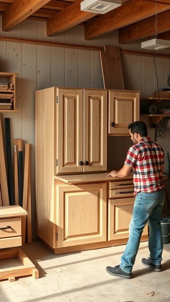 A person working on white oak kitchen cabinets in a workshop