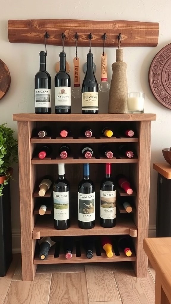 A rustic wooden wine rack displaying several bottles of wine, with a wooden beam above holding wine glasses.