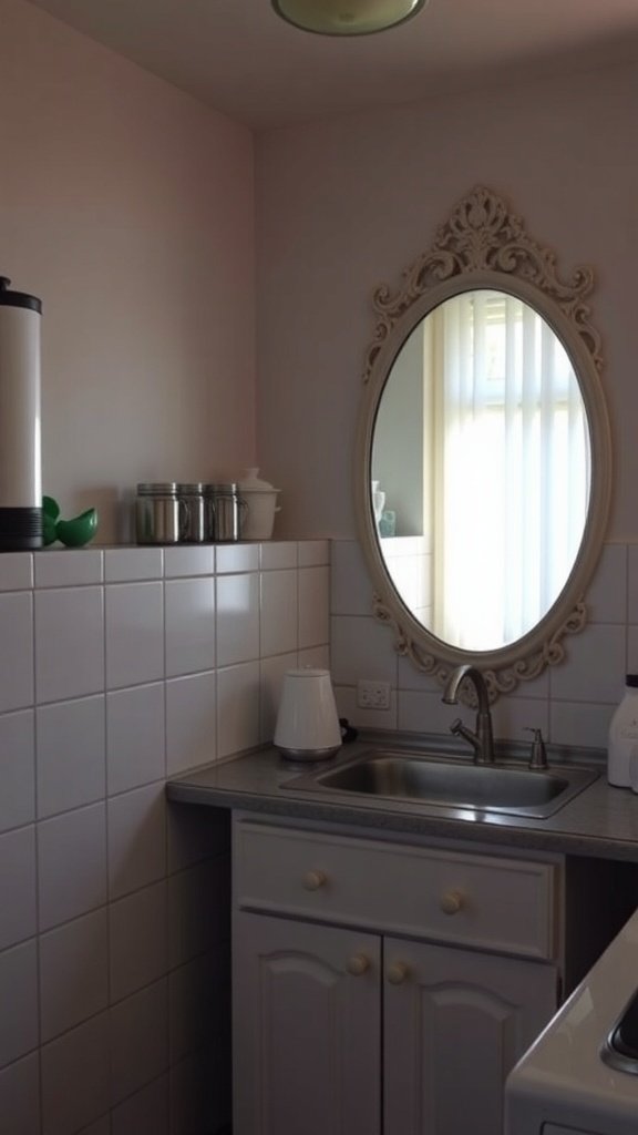 A small kitchen featuring a decorative mirror above the sink, reflecting light and creating an illusion of space.