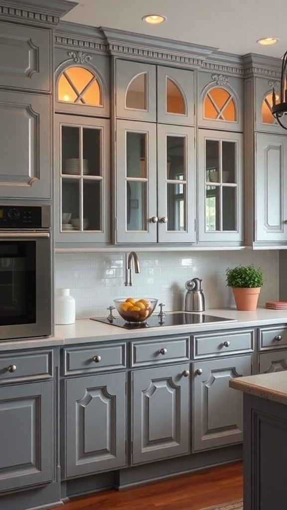 A modern kitchen with painted gray cabinets featuring arched glass panels and decorative molding.