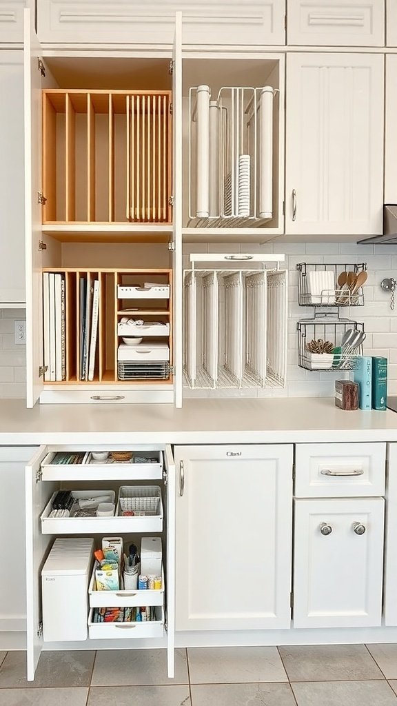 Organized kitchen cabinet with dividers and pull-out drawers for efficient storage.