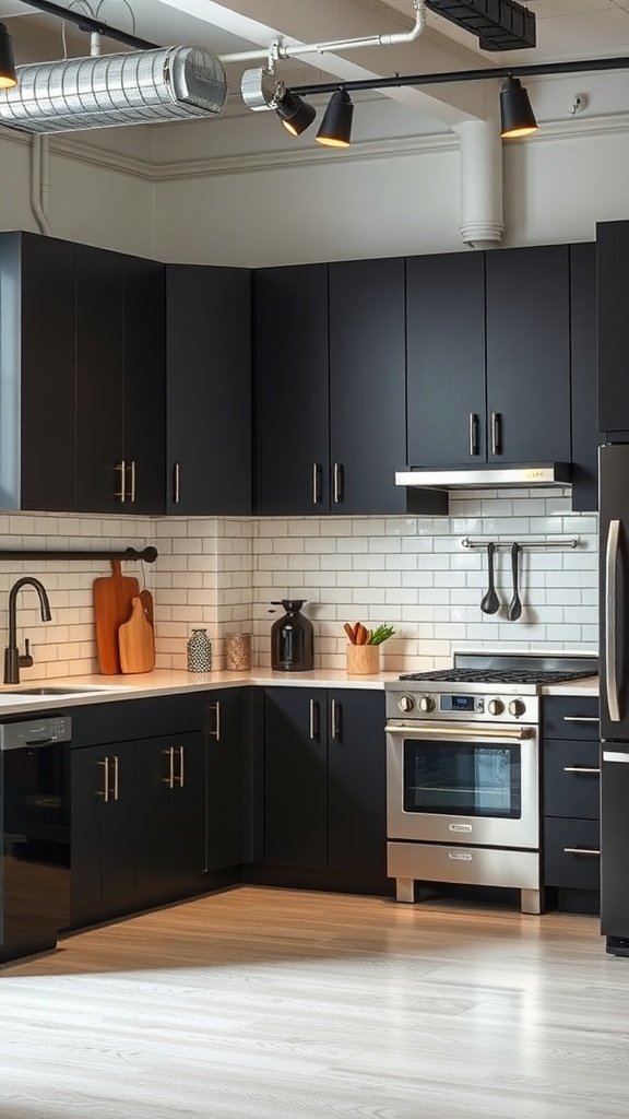 A modern kitchen featuring black cabinets and stainless steel appliances, with wooden accents and stylish lighting.