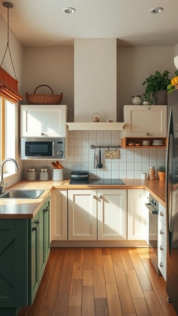 A cozy kitchen with two-tone cabinets, featuring white upper cabinets and green lower cabinets, complemented by a wooden countertop and flooring.