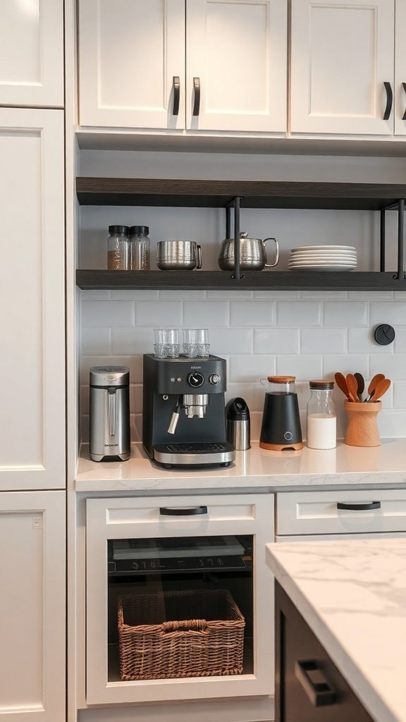 A modern kitchen coffee station featuring a coffee machine, kettle, and organized shelves.
