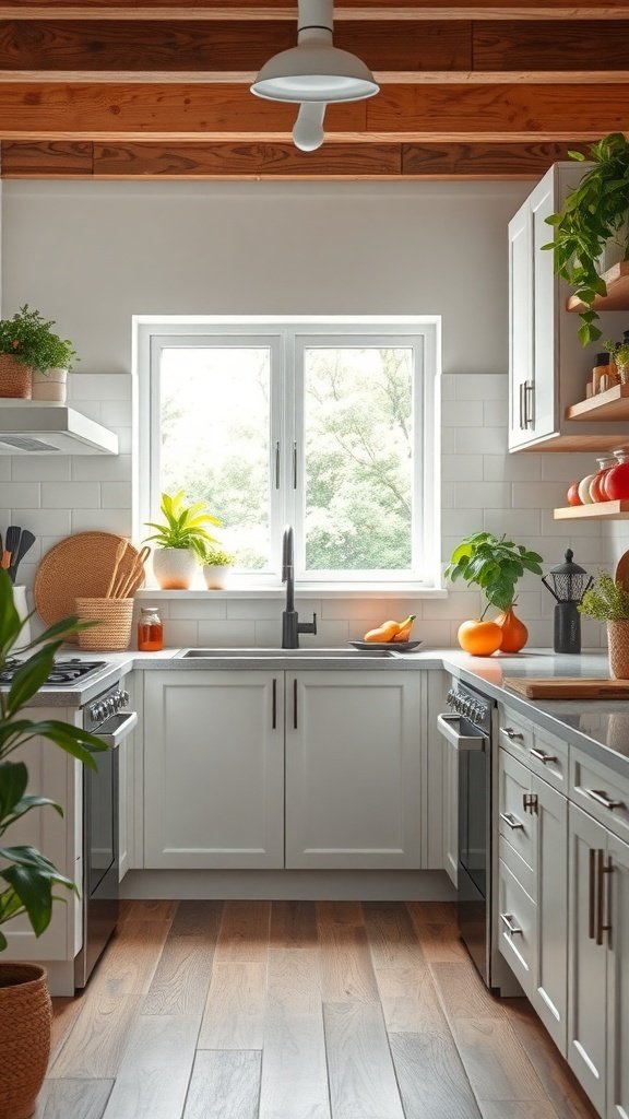 A bright and inviting green kitchen with plants and natural light.