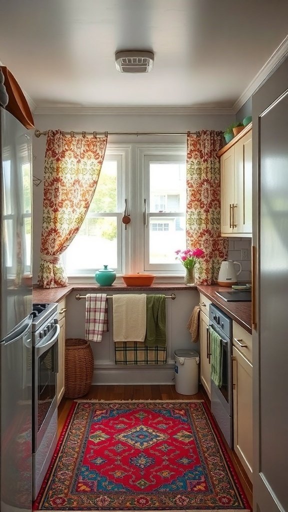 A small kitchen with floral curtains, a colorful rug, and various kitchen accessories.