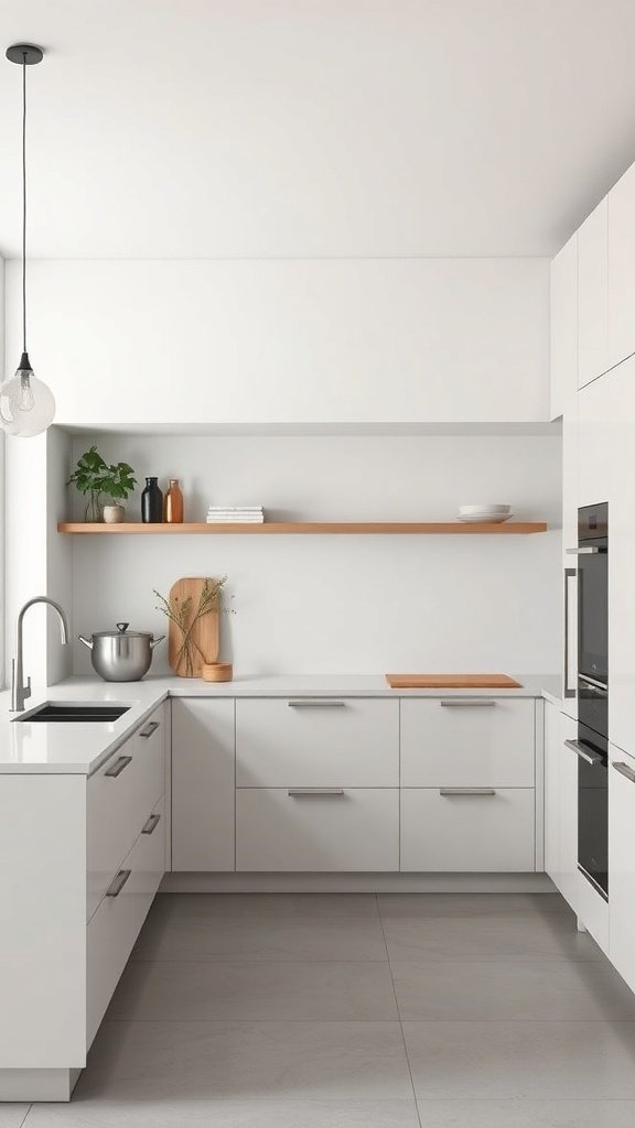 A modern minimalist kitchen featuring white cabinetry, open shelving, and a pendant light.