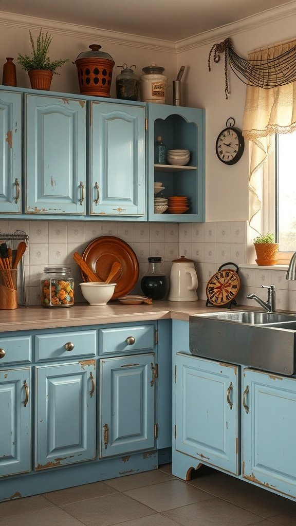 A cozy kitchen featuring antique blue cabinets with a rustic charm.