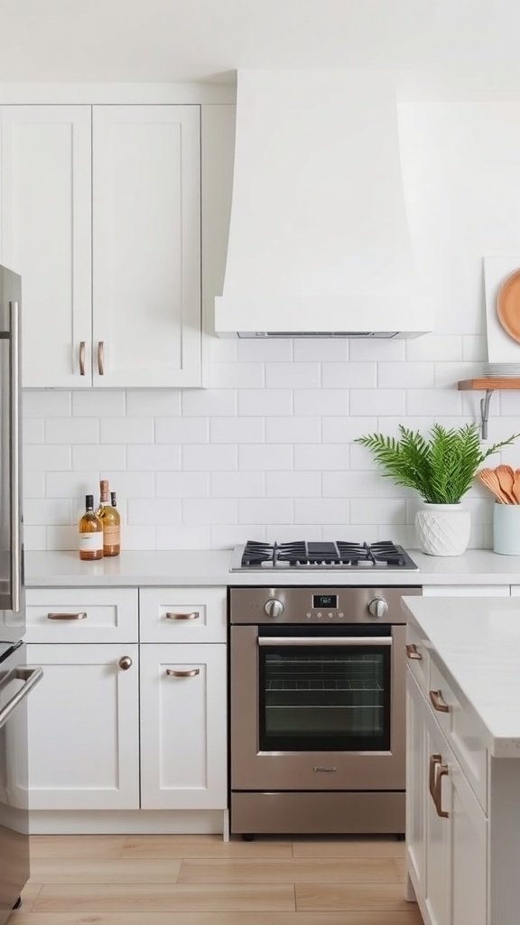 A contemporary kitchen featuring white shaker cabinets, a white subway tile backsplash, and modern appliances.