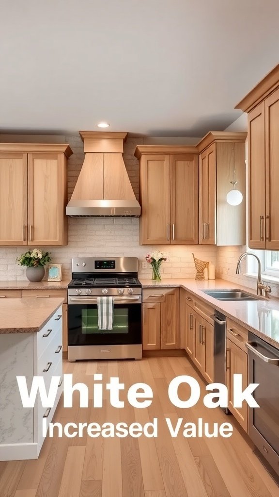 A modern kitchen with white oak cabinets, showcasing increased value.