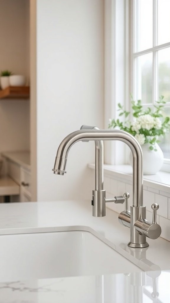 A sleek stainless steel faucet in a modern farmhouse kitchen, showcasing a high arch and pull-down sprayer.
