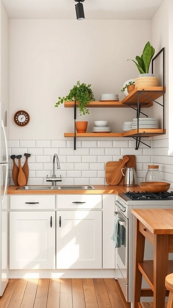A small kitchen featuring wooden shelves, plants, and white cabinetry.