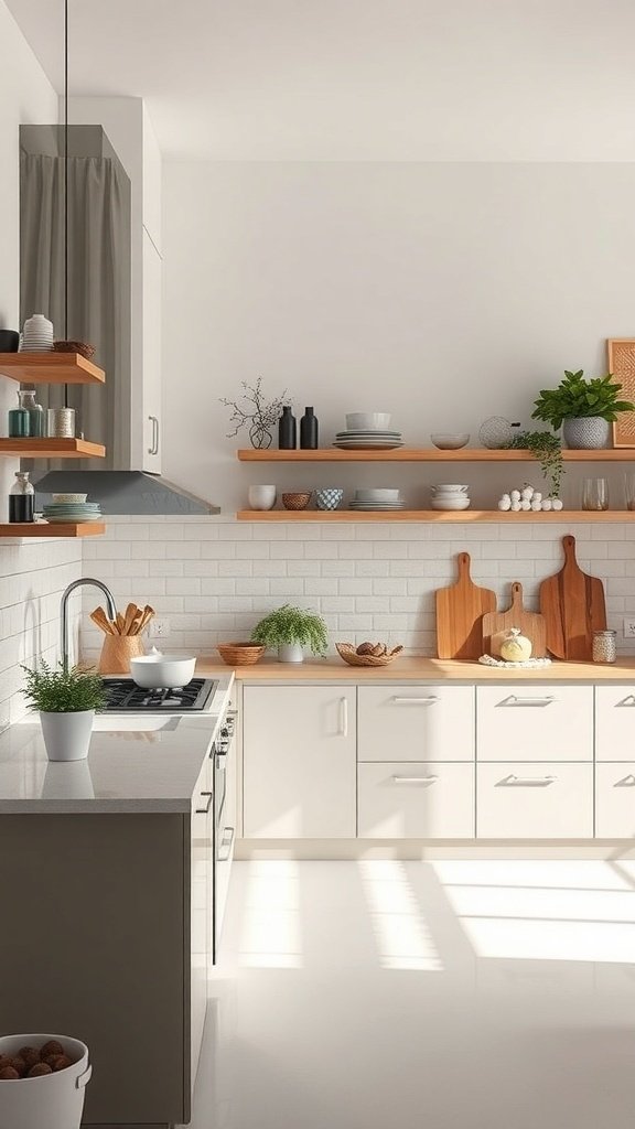 A modern kitchen with open shelving, white cabinets, and a clean layout featuring natural light.