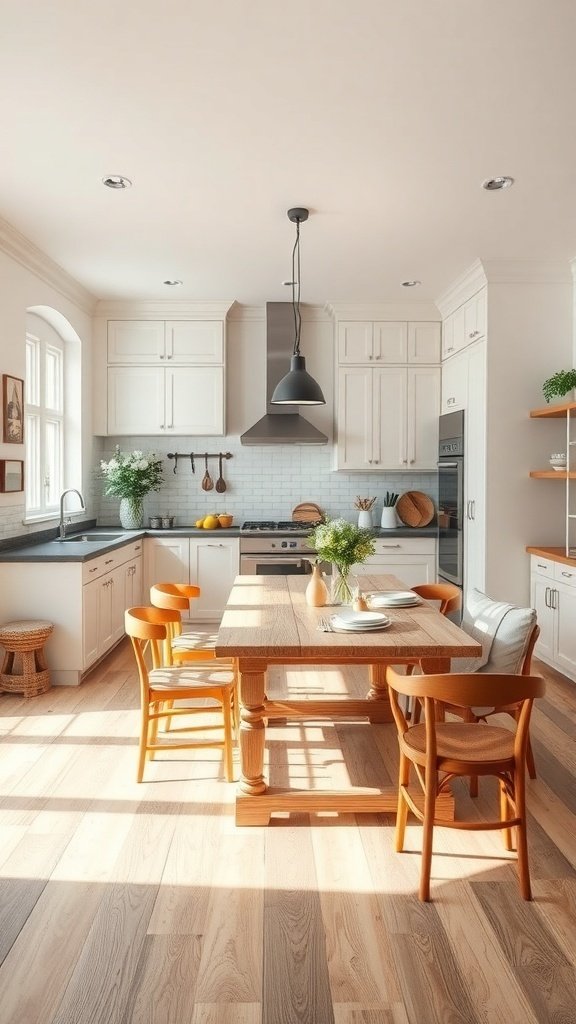 A bright and inviting kitchen with wooden floors, a large dining table, and modern appliances.
