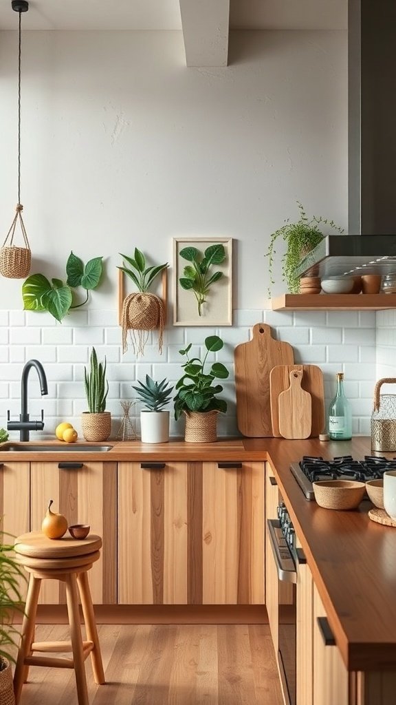 A modern kitchen featuring wooden cabinets, a variety of plants, and natural decor elements.