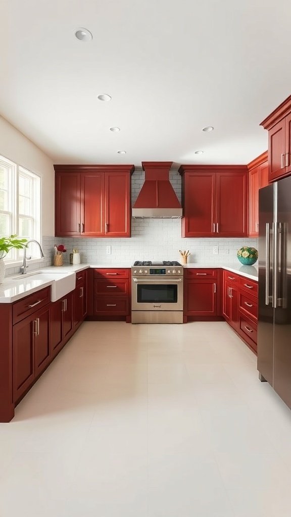 A modern kitchen featuring two-tone red cabinets and a white countertop.