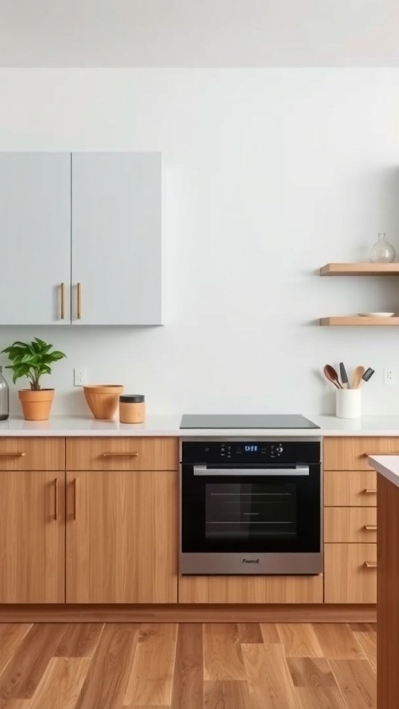 A modern kitchen featuring built-in appliances and light wood cabinetry.