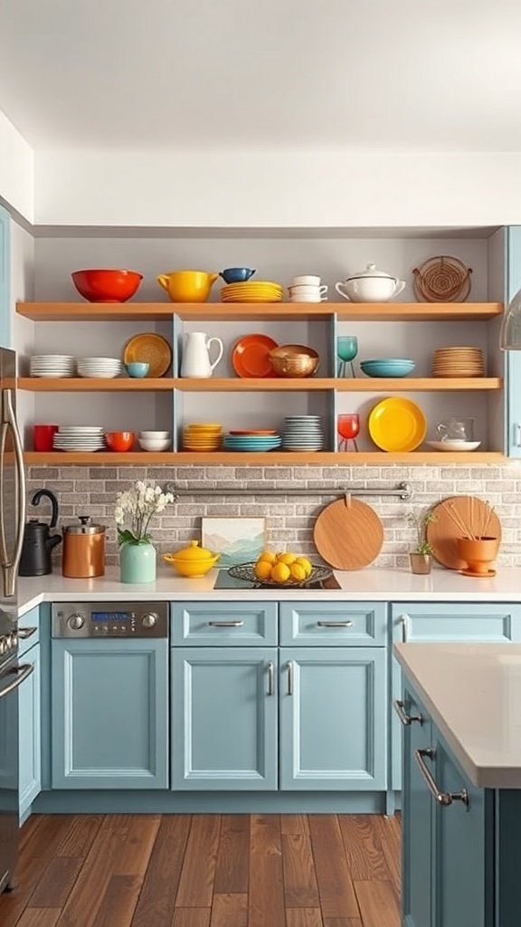 A mid-century modern kitchen featuring open shelving with colorful dishware and blue cabinetry.