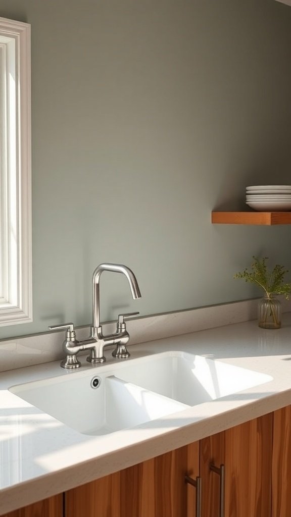 A sleek double sink with a modern faucet in a mid-century modern kitchen, featuring warm wood cabinetry and natural light.