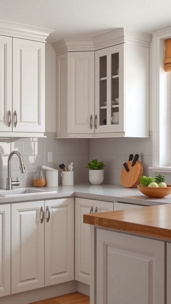A bright kitchen with white cabinets, a sink, and organized utensils.