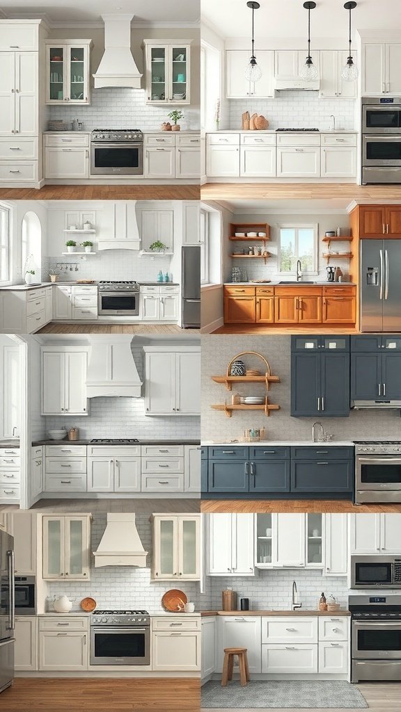 A collage of various kitchen cabinet styles showcasing different themes and colors.