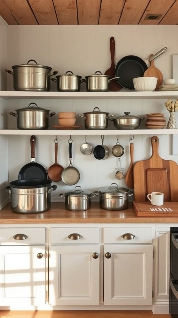A farmhouse kitchen with a personalized cookware display on shelves, featuring various pots, pans, and wooden utensils.