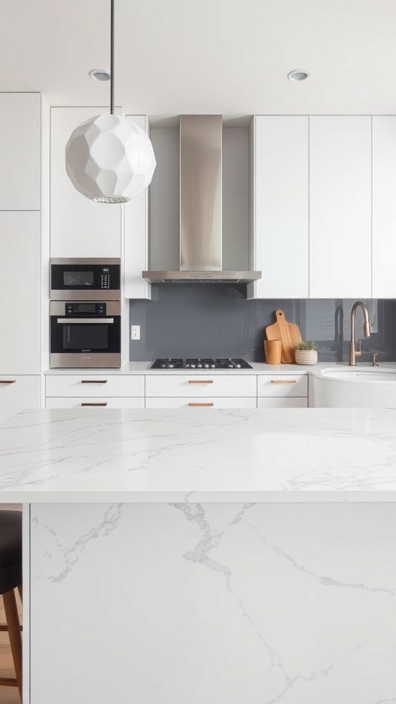 Modern kitchen with white marble countertop and sleek cabinetry