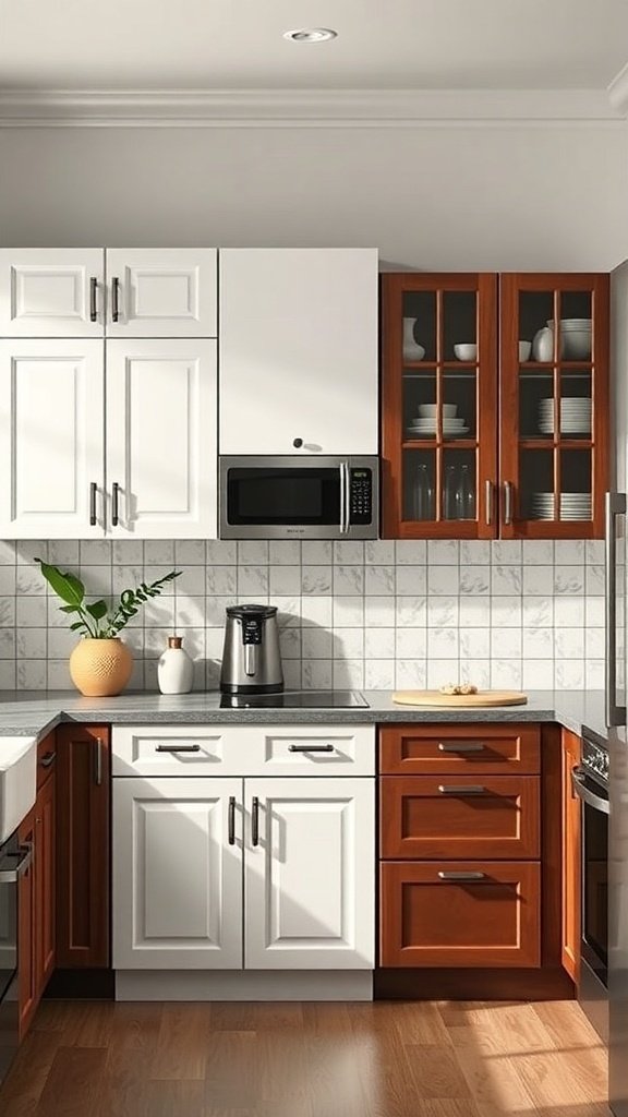 A kitchen with a mix of white and wooden cabinets, featuring glass-fronted storage and a modern design.