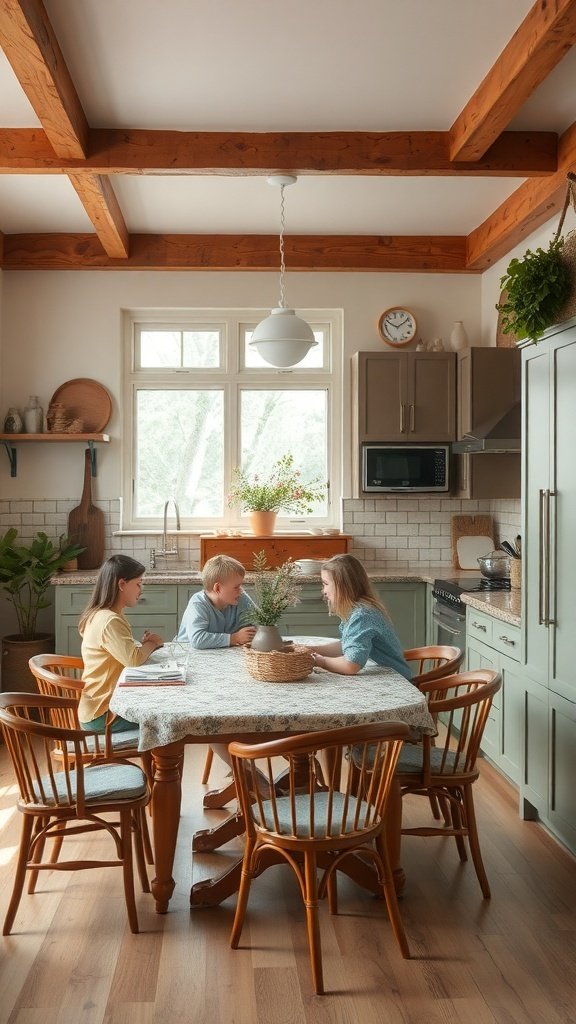 A cozy kitchen with a wooden table surrounded by children, showcasing a family gathering.
