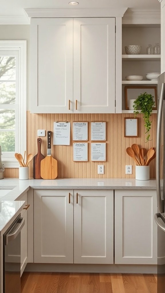 A modern kitchen featuring a message center with a bulletin board and organized notes.