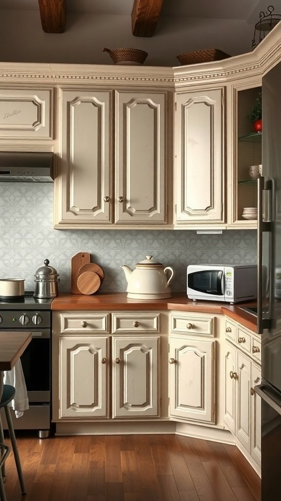 A vintage-style kitchen with antique cabinets, wooden countertop, and modern appliances.