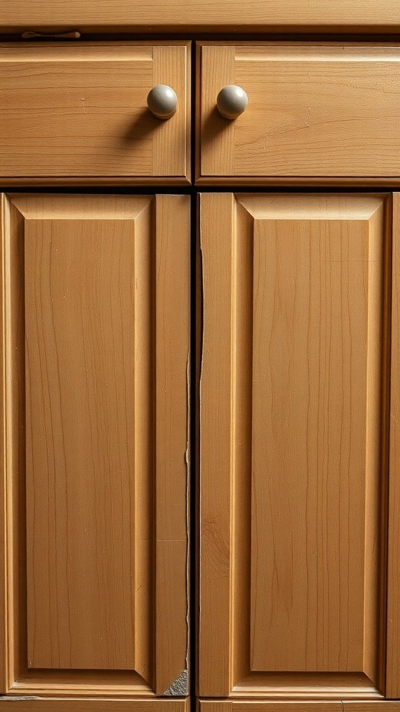 Close-up of wooden kitchen cabinets showing a crack and dull finish.
