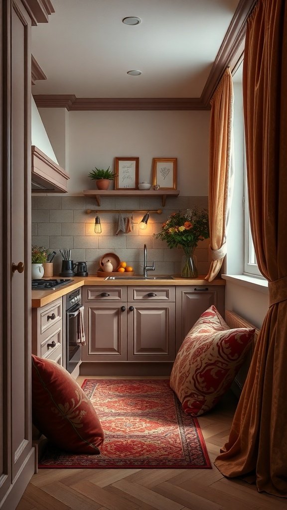 A small kitchen featuring golden curtains, plush pillows, and a decorative rug, creating a cozy and luxurious atmosphere.