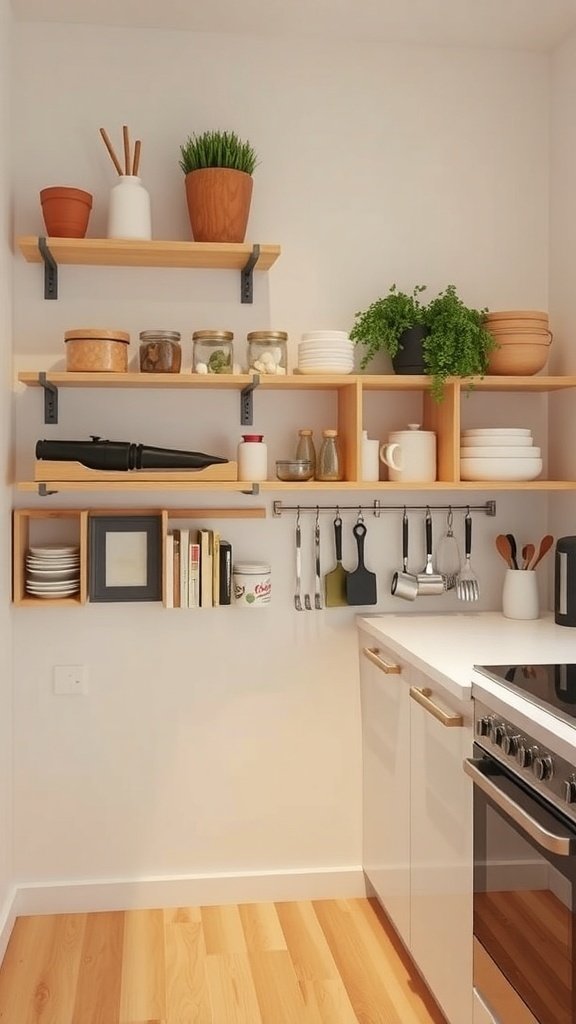 A small kitchen with open shelves displaying pots, jars, and utensils, showcasing effective use of wall space.