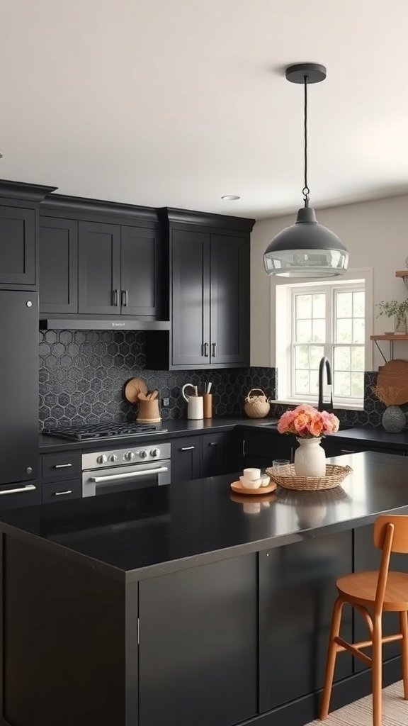A modern kitchen featuring black cabinets, a light countertop, and natural light from a window.