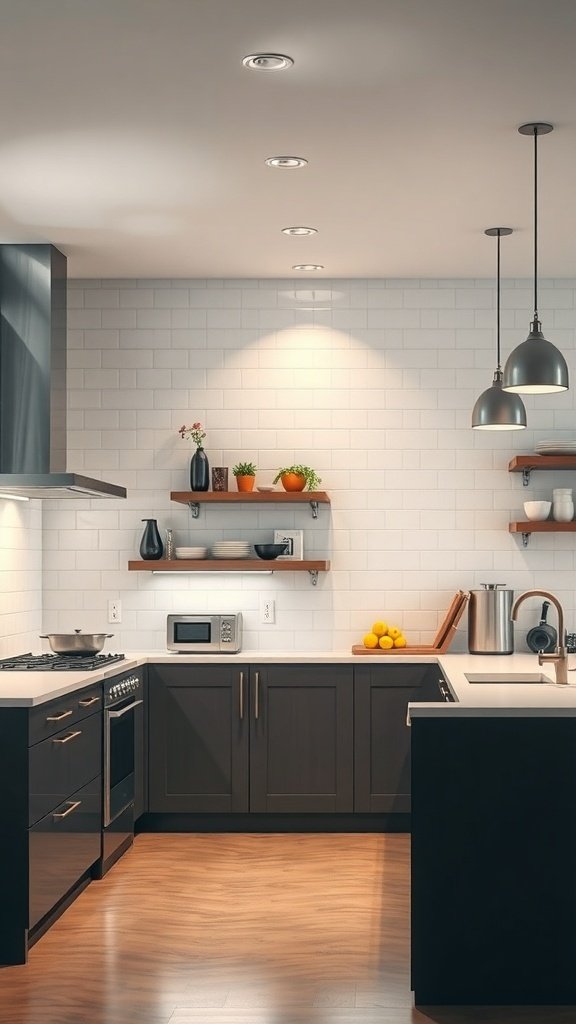 A modern open kitchen featuring dark cabinetry, light countertops, and smart appliances.