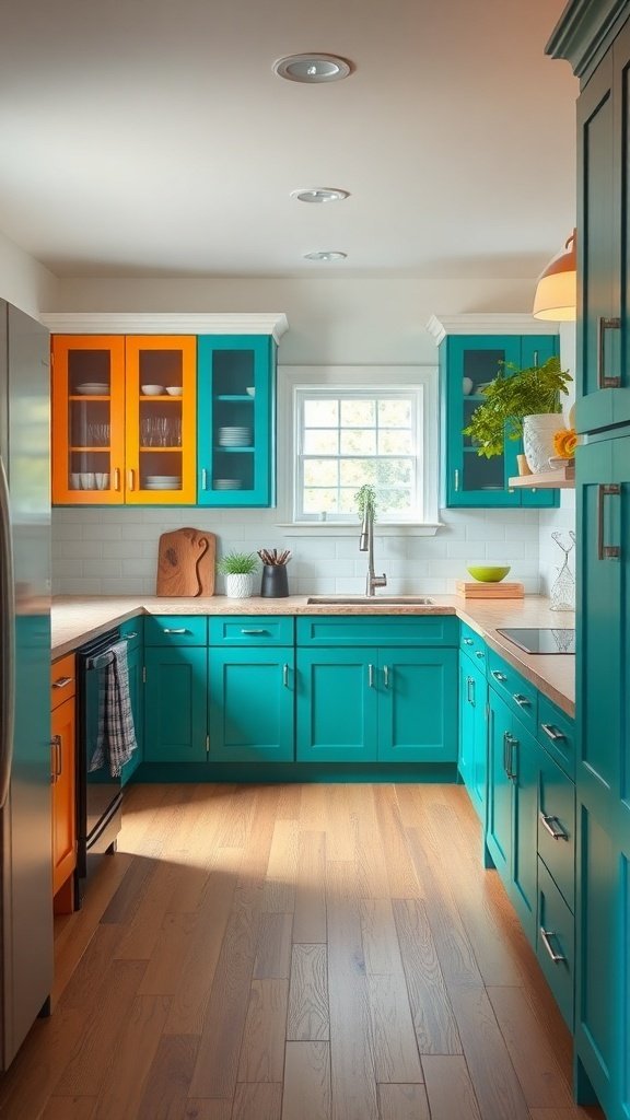 A modern farmhouse kitchen featuring vibrant teal and orange cabinetry.