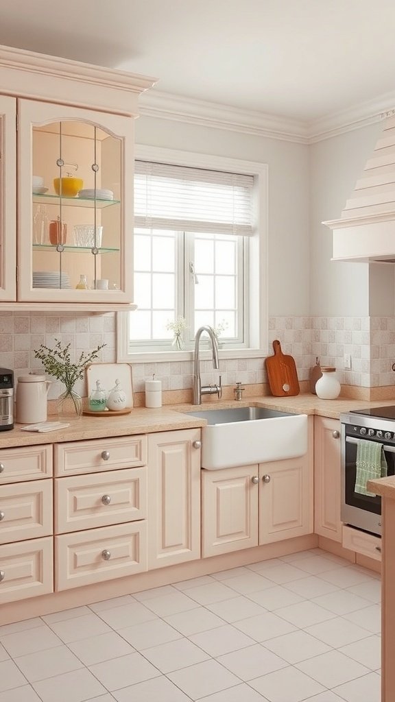 A kitchen with soft blush cabinets, white walls, and a farmhouse sink, showcasing colorful dishware.