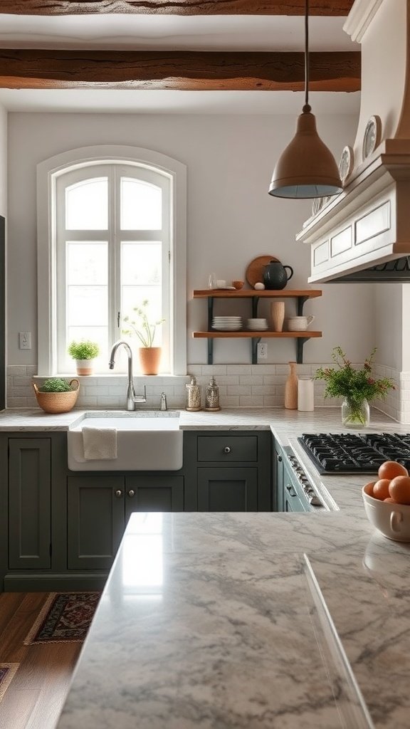 A cozy cottage kitchen featuring natural stone countertops, dark cabinetry, and wooden beams.
