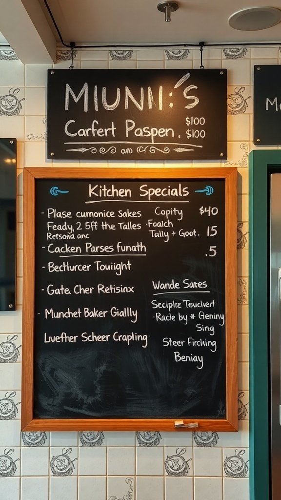 Chalkboard menu wall displaying kitchen specials and prices
