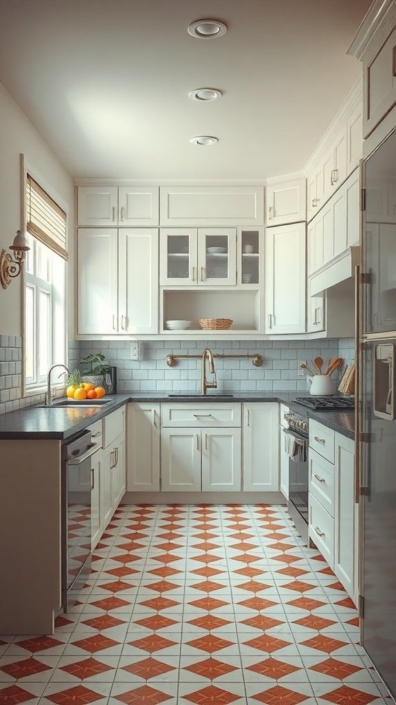 A kitchen featuring white cabinets and bold patterned flooring.