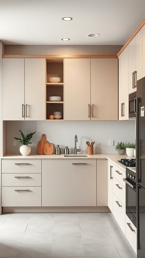Modern kitchen with light-colored cabinets and open shelving